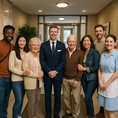 Happy residents and staff gathering in the building lobby of a high-rise community