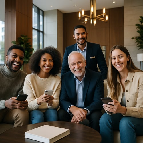 happy luxury high-rise condo residents and staff hanging out together in the lobby of their community using cashless tipping app