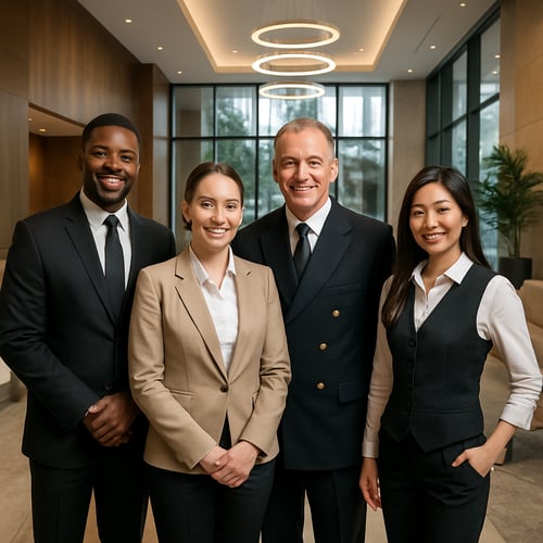 luxury high-rise condo staff posing for a photo together in the building lobby