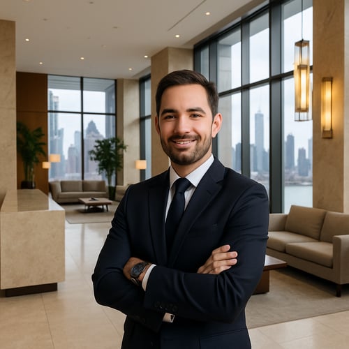 property manager in the lobby of a luxury high rise condo in new york city